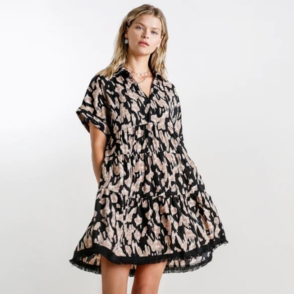 Umgee NEW Linen Blend Animal Print Collared Tiered Mini Dress Short Sleeve S M